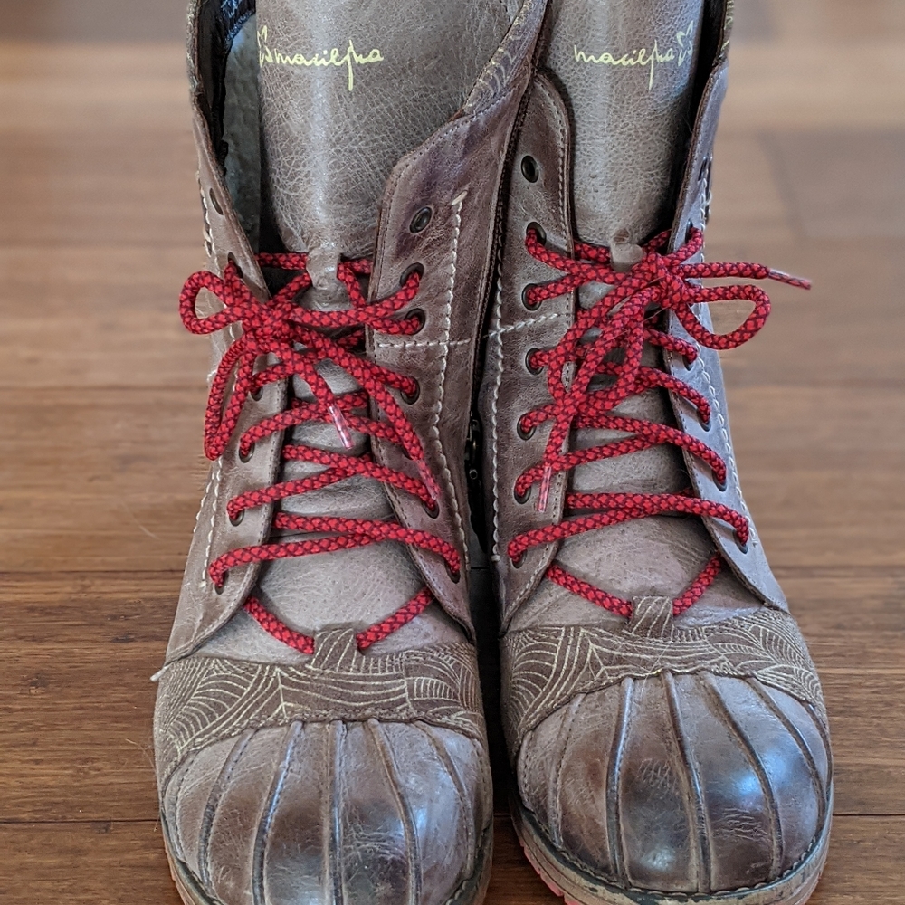 Tan Wool-lined Embroidered Leather and Suede Boots